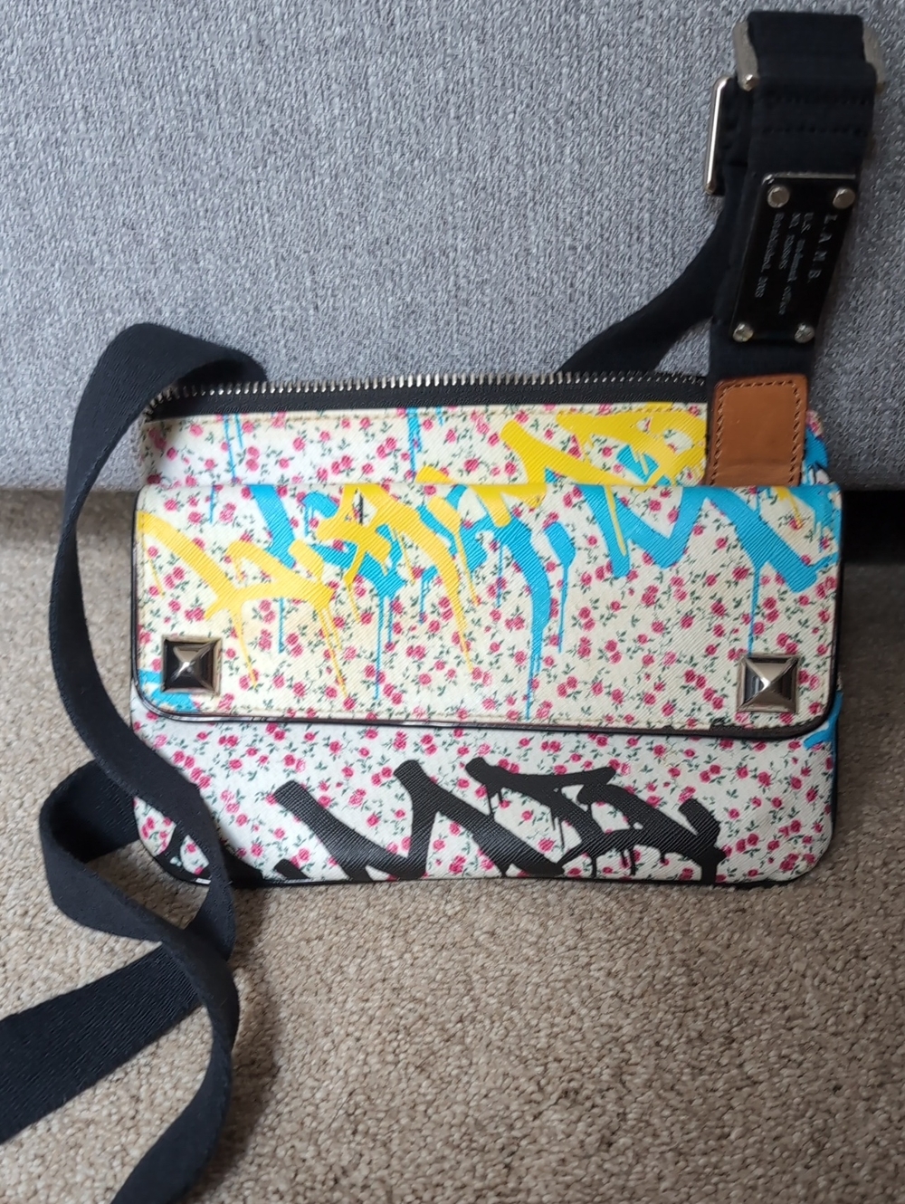 Graffiti Floral Crossbody Bag in White with Black Strap
